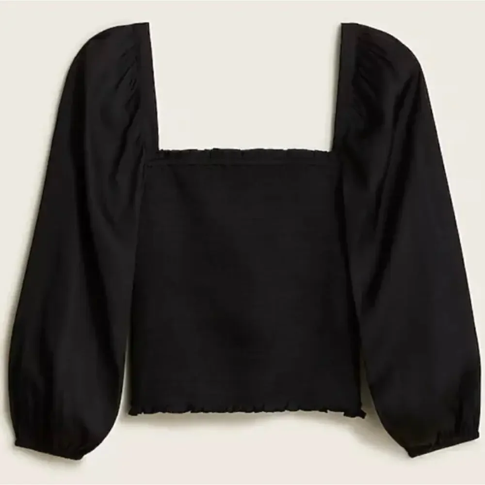 J.CREW | NWT Featherweight Smocked Square Neck Cropped Top Black Satin Size XS